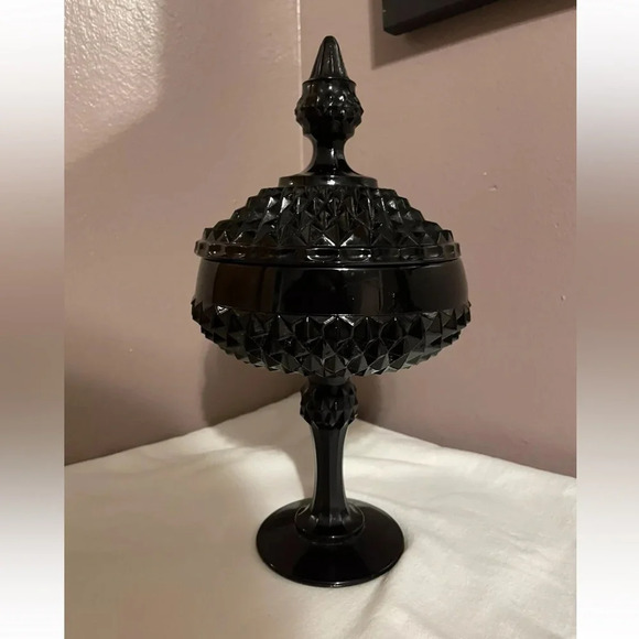 Indiana Glass Other - Vintage Indiana Glass Tiara Black Diamond Point Covered Candy Dish W/ Lid 12"